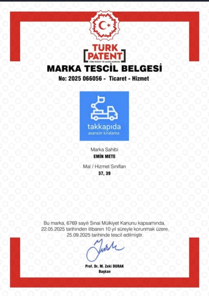 Takkapıda marka tescil belgesi